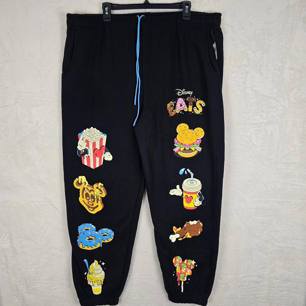 NWT Disney Eats Mens XL Black Jogger Sweatpants Mickey Parks Food Snacks Graphic